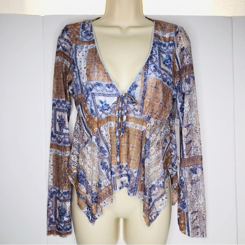 Madden Girl Y2K Asymmetrical Babydoll Top L Brown Purple Floral Mesh Sheer Y2K
